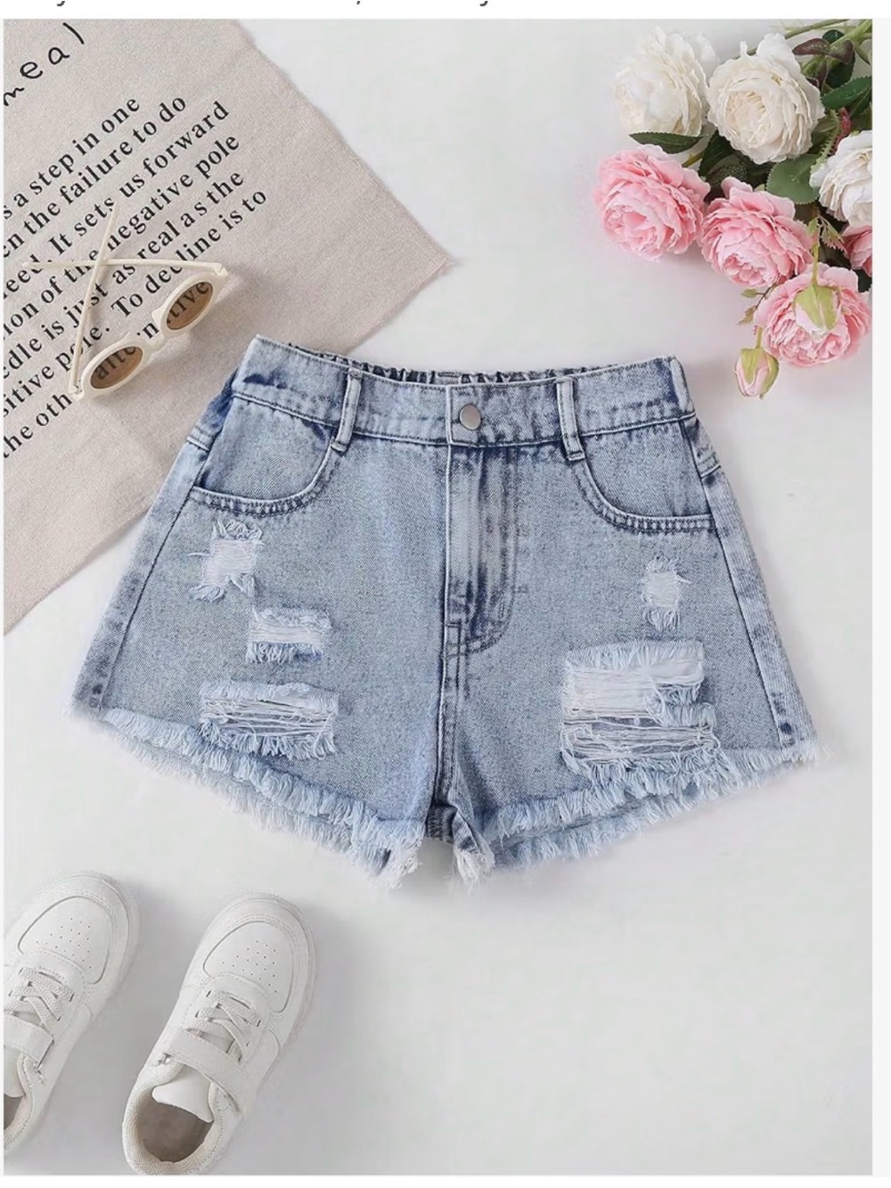 PatPat Light Blue Distressed Denim Shorts with Frayed Hem size 10-12